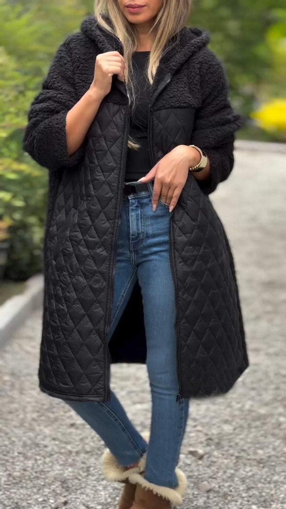 Women's Hooded Long Sleeve Fur Patchwork Cotton Long Coat