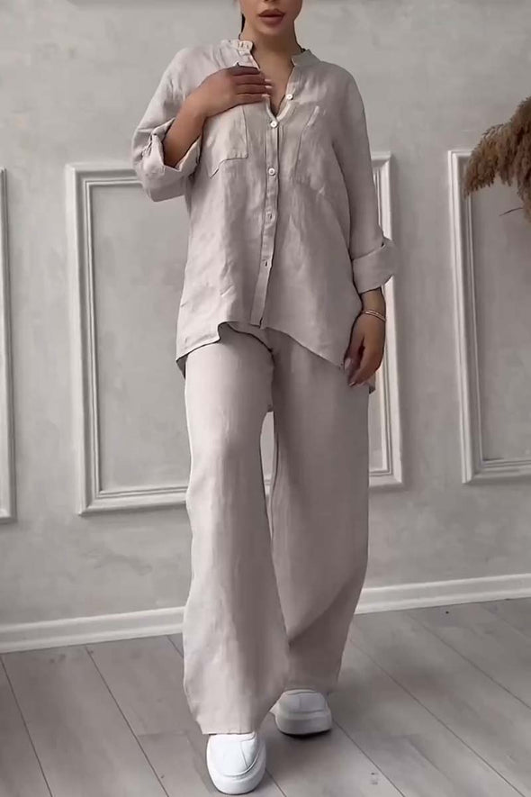 Casual solid color cotton and linen pants two-piece set