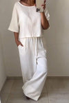 Women's Casual Round-neck Solid Color Cotton and Linen Two-piece Suit