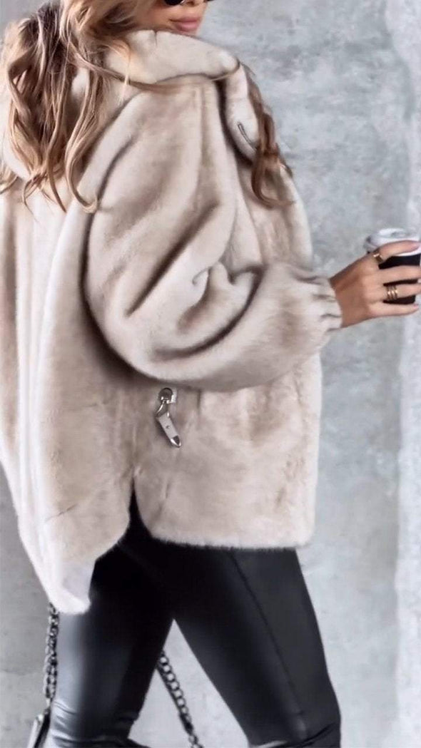 Women's Winter Solid Color Warm Furry Zipper Hooded Coat