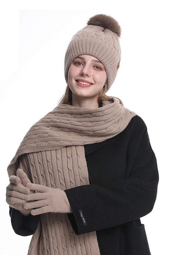 Knitted Hat, Double-layer Fleece Warm Wool Scarf, Gloves, Three-piece Set