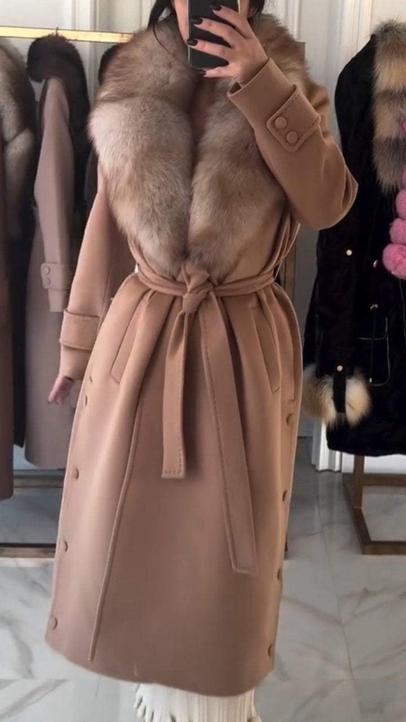 Women's Large Lapel Fur Buttoned Slit Casual Long Coat