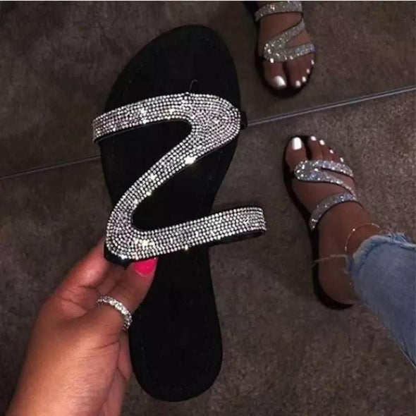 Rhinestone Z-shaped Flat Casual Sandals