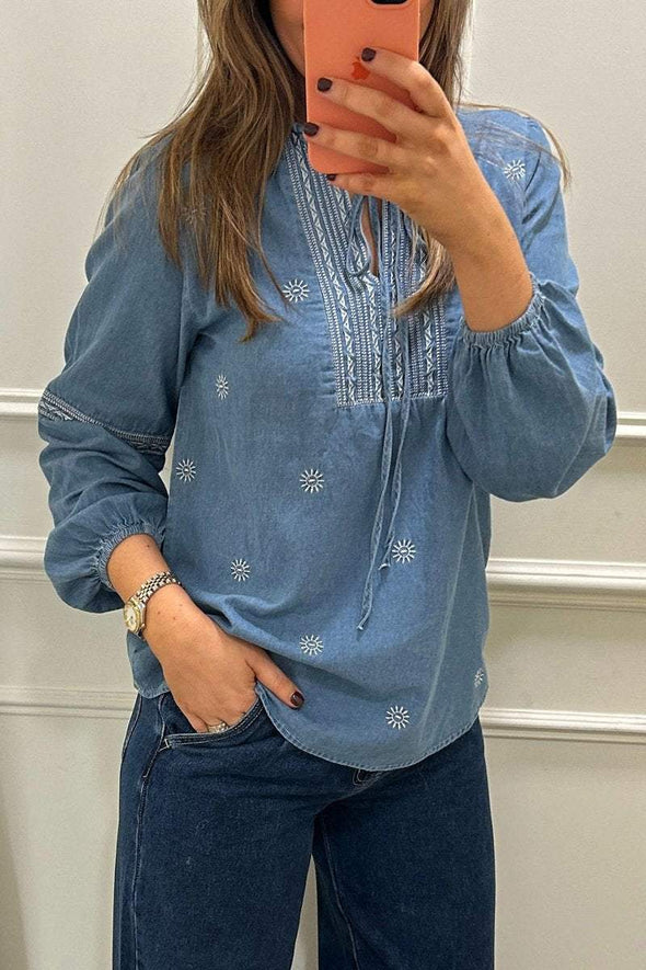 Women's Casual V-neck Imitation Denim Jacquard Top