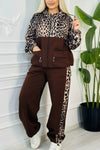 Women's leopard print brown patchwork sweatshirt hooded jacket set