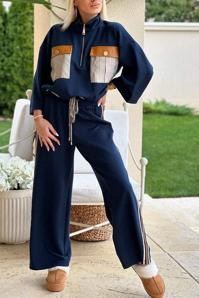 Women's Casual Contrast Color Pocket Pants Suit