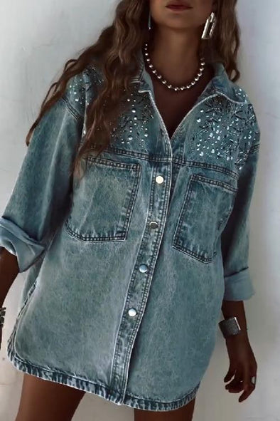 Women's Lapel Rhinestone Button Casual Denim Shirt