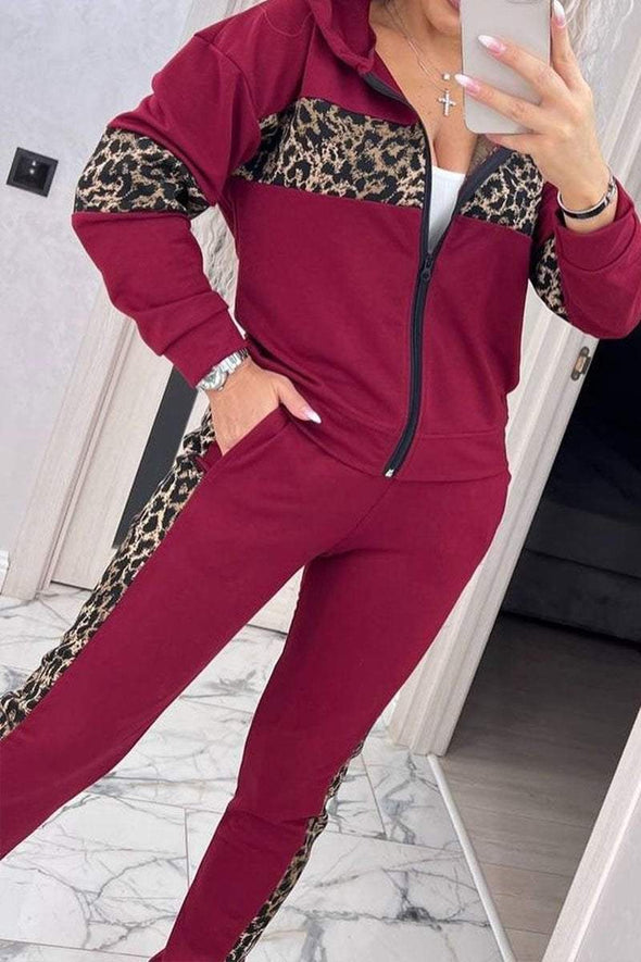 Women's Solid Color Casual Leopard Print Stitching Two-piece Set