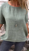 Solid Color Round Neck Half-sleeved Cotton Linen Blouse