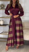 Women's Lapel Long Sleeve Striped Stitching Temperament Dress