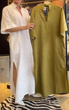 Casual V-neck Solid Color Cotton and Linen Dress