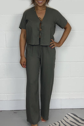 Women's Linen Tie Up Top And Trouser Co-ord