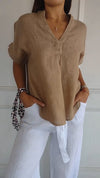V-neck Cotton and Linen Short-sleeved Tops