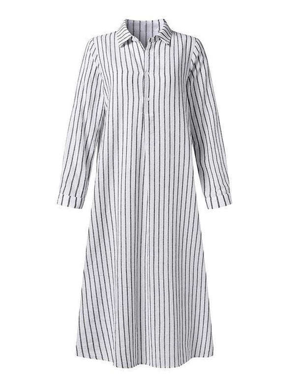 Women's Striped Cotton Linen Polo Collar Long-sleeved Shirt Dress