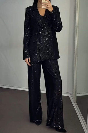 Women's Solid Color Sequined Blazers and Trousers Set