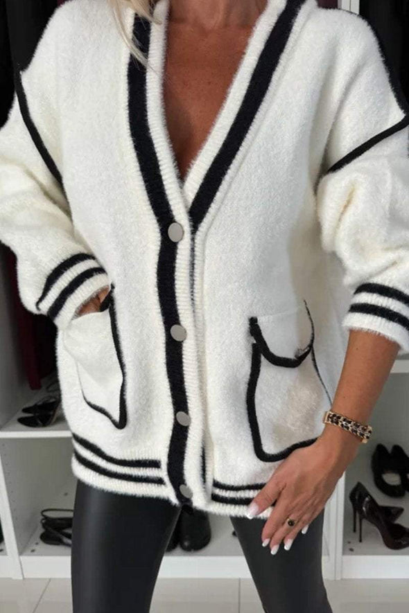 Women's Loose V-neck Color Contrast Sweater Knit Cardigan