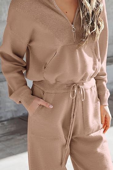 Women's Casual Lapel Half-zip Solid Color Two-piece Suit