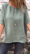 Solid Color Round Neck Half-sleeved Cotton Linen Blouse