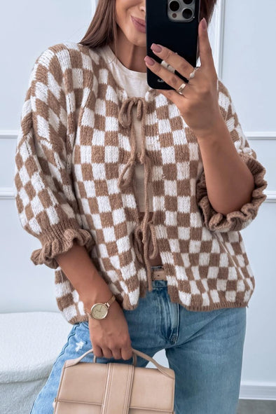 Women's Check Lace-Up Knit Cardigan