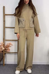 Women's casual double pocket patchwork stand collar sweater suit