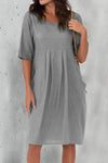 Cotton and Linen Pleated Pocket Casual Dress