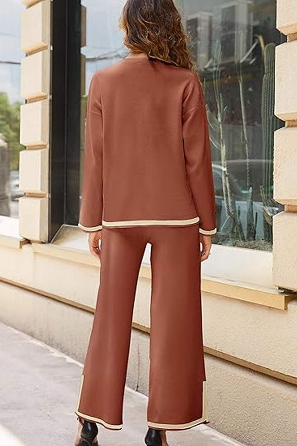 Women's Casual Long Sleeve Knit Top Wide Leg Pants Two-Piece Outfit