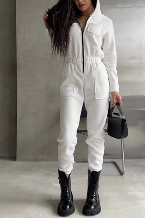 Women's Casual Hooded Half-zip Solid Color Jumpsuit