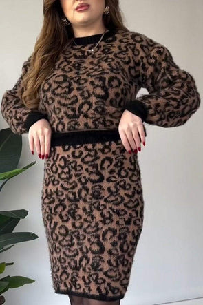 Women's Fur Round Neck Leopard Print casual Suit