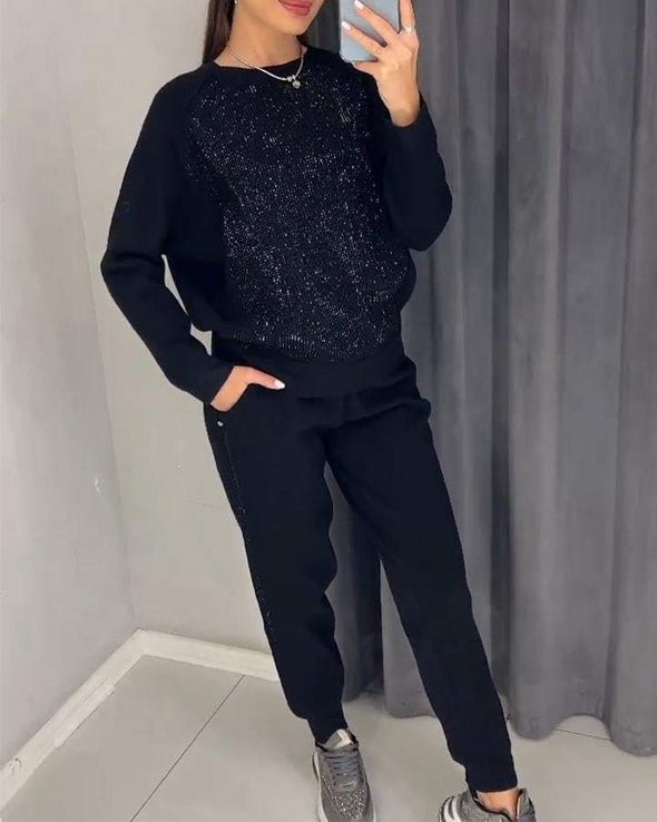 Women's Round Neck Long Sleeve Hot Diamond Casual Suit