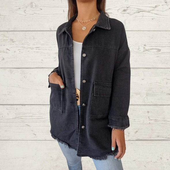 Lapel Single-breasted Denim Jacket with Fringe Design