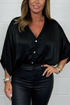 Women's Satin Diamante Button 3/4 Batwing Sleeve Top