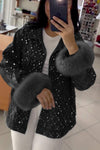 Women's Super Cool Rhinestone Fur Cuff Button Denim Jacket