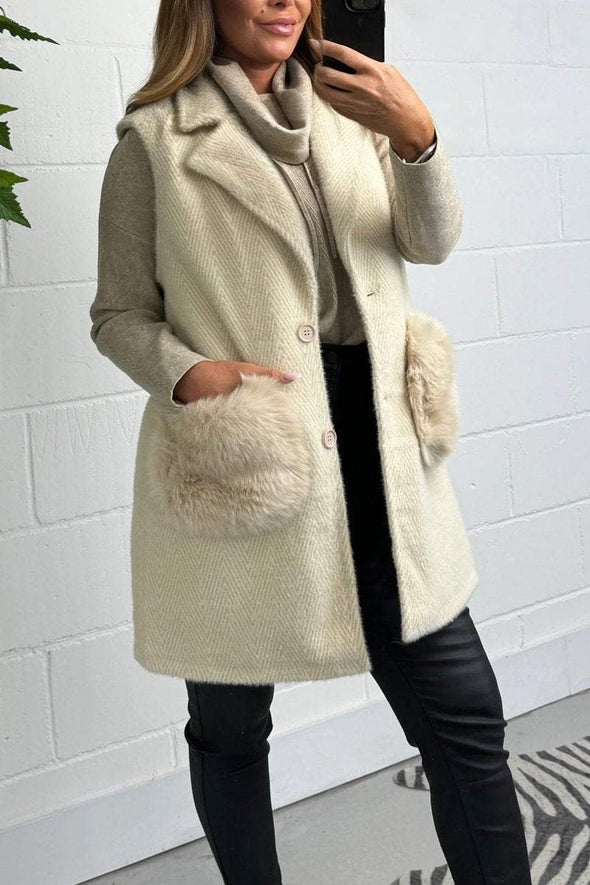 Women's Faux Fur Cable Knit Design Long Button Up Coat