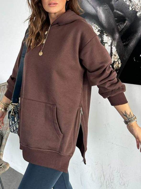 Women's Solid Color Hooded Casual Sweatshirt with Side Zipper