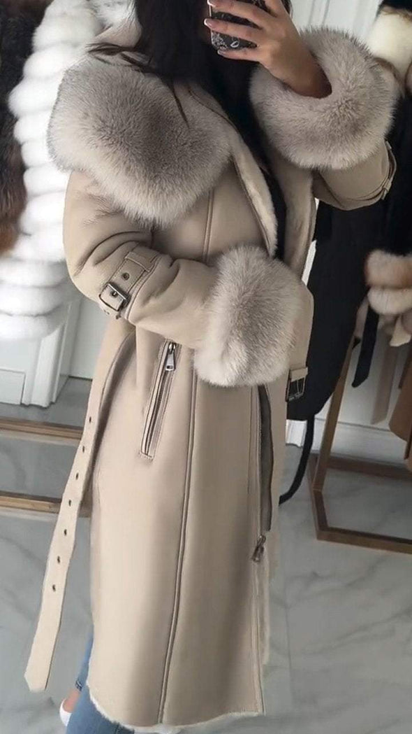 Women's Fur Lapel Long Leather Coat