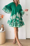 Women's V-neck printed trumpet sleeve loose short dress