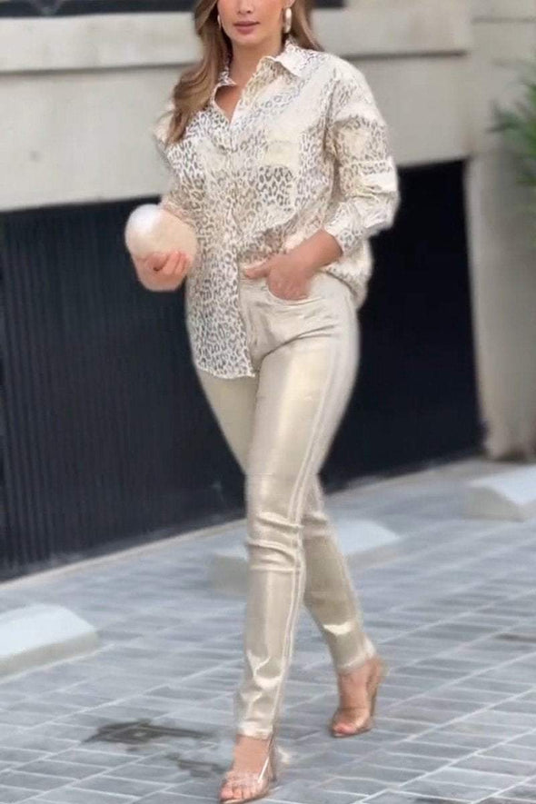 Women's Casual Lapel Gold-stamped Shirt + Pants Two-piece Suit