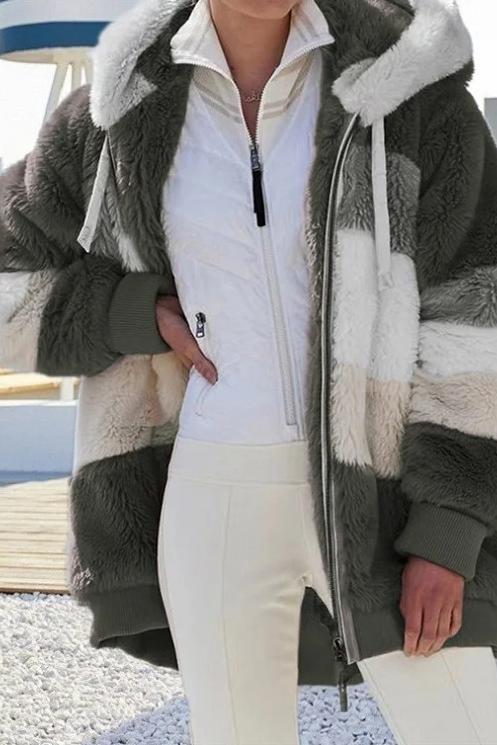 Women's Casual Warm Fur Contrast Hooded Jacket