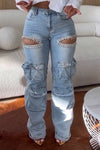 Women's Cool Pearl Distressed Hiking Pocket Denim Pants