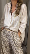 Women's Lapel Cotton and Linen Casual Top + Leopard Print Trousers