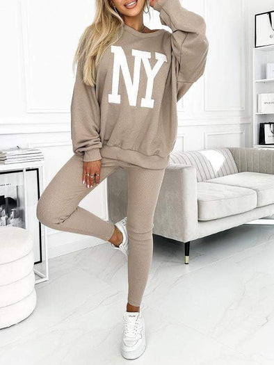 Women's Round Neck Long Sleeve Casual NY Letter Print Suit