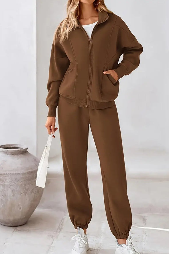 Women's Casual Long Sleeve Zipper Jacket And Sweatpants Suit