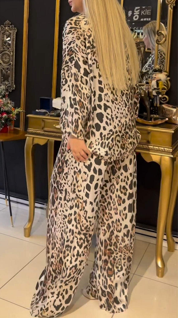 Women's Leopard Print Lapel Long Sleeve Casual Suit