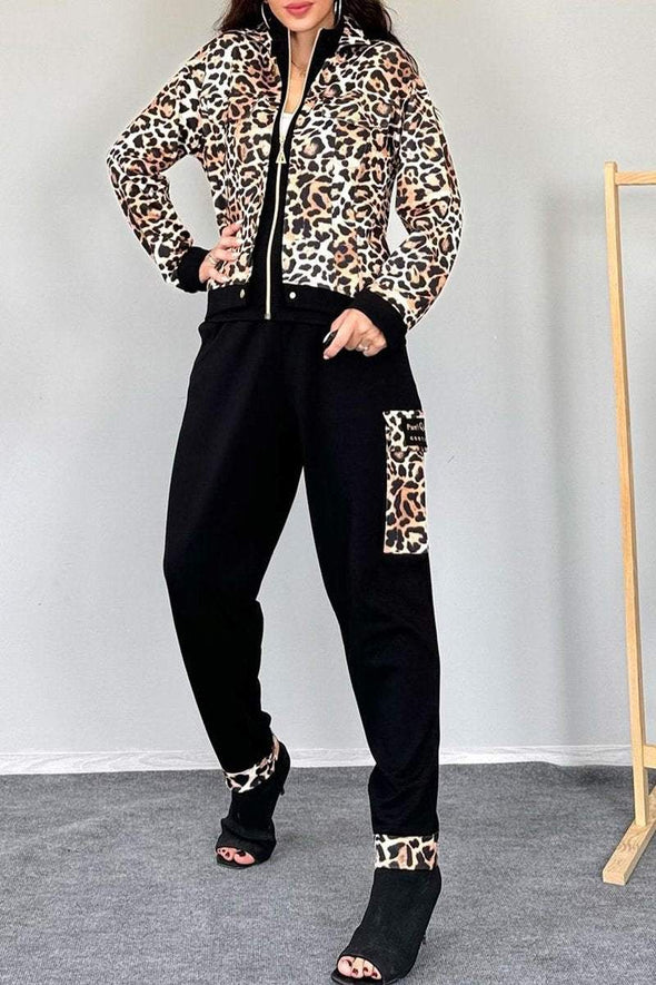 Women's Round Neck Long Sleeve Leopard Print Casual Suit