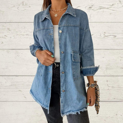 Lapel Single-breasted Denim Jacket with Fringe Design