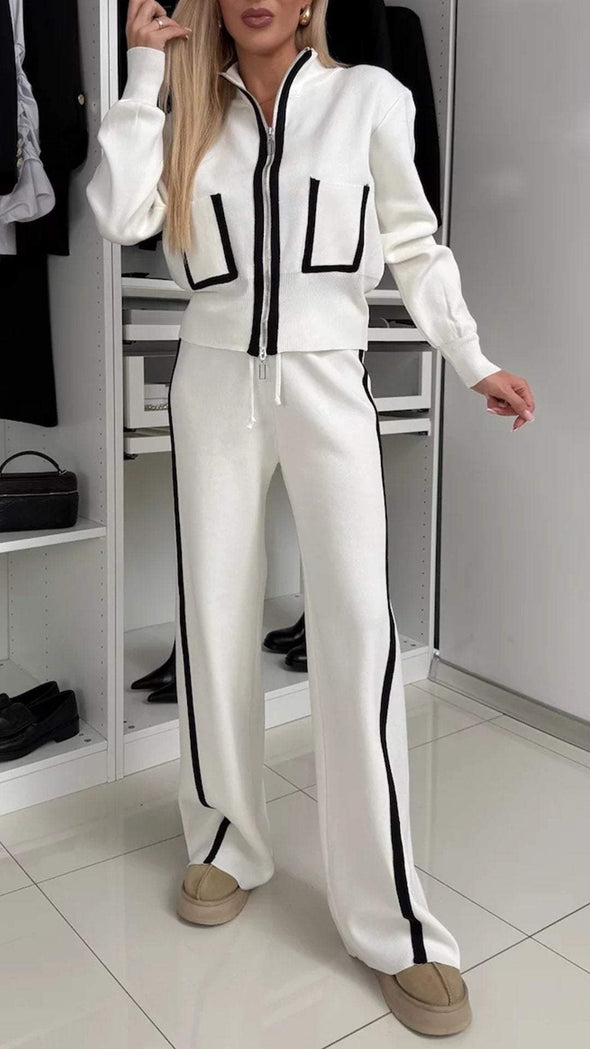 Women's Zipper Double Pocket Contrast Color Casual Suit