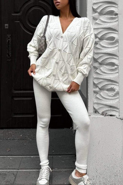 Women's Solid Color Knitted Cardigan Ribbed Pants Set