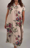 Women's V-neck Printed Cotton and Linen Dress