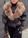 Women's Fashionable Short Cotton Coat with Fur Patchwork Sleeves