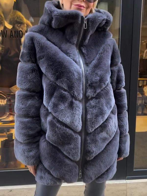 Women's High Collar Zipper Fur Warm Coat